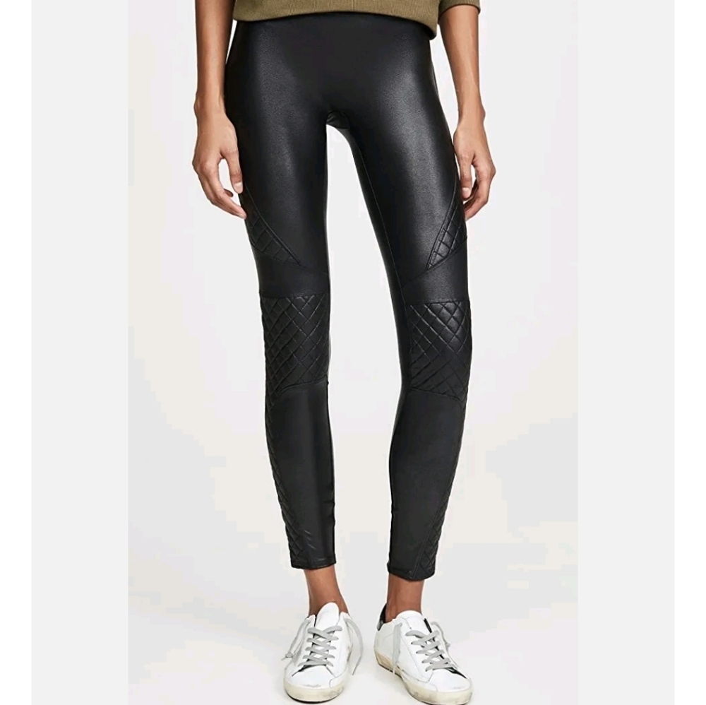 Spanx Faux Leather Quilted Moto Leggings Size Large